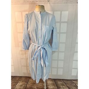 Loft Blue White Striped Button Front Tie Waist Embroidered Shirt Dress Medium